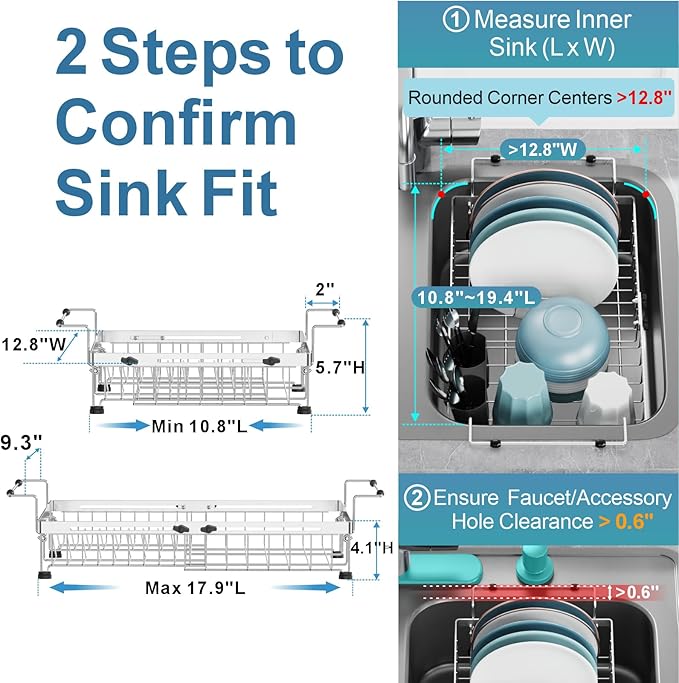 GSlife Dish Drying Rack Over the Sink - Expandable Stainless Steel Heavy Duty Dish Drainer for Small Kitchen Apartment, Space Saving Sink Rack with Secure Lock Knob and Utensil Holder, Silver