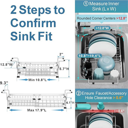 GSlife Dish Drying Rack Over the Sink - Expandable Stainless Steel Heavy Duty Dish Drainer for Small Kitchen Apartment, Space Saving Sink Rack with Secure Lock Knob and Utensil Holder, Silver