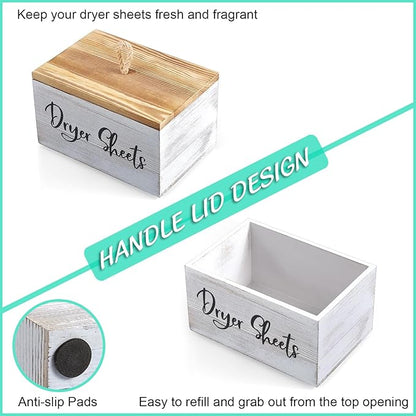 Dryer Sheet Holder, White Washed Wood Laundry Sheets Container, Laundry Room Organization and Storage for Farmhouse Laundry Room Decor and Accessories, Fabric Sheet Holder