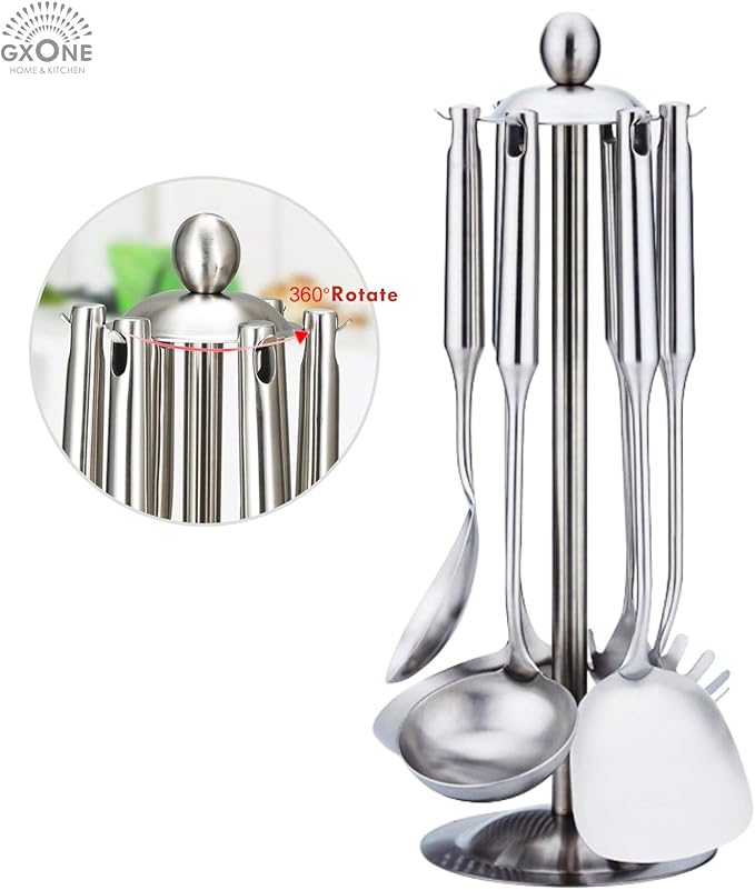Kitchen Utensil Set – 6 Piece Stainless Steel Cooking Utensils with Rotating Holder Organizer Includes Slotted Spoon, Slotted Spatula, Large Spoon, Soup Ladle, Spatula, Pasta Server Silver/7PCS - Image 5