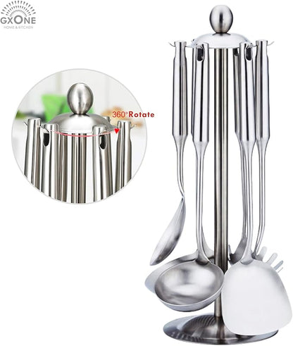 Kitchen Utensil Set – 6 Piece Stainless Steel Cooking Utensils with Rotating Holder Organizer Includes Slotted Spoon, Slotted Spatula, Large Spoon, Soup Ladle, Spatula, Pasta Server Silver/7PCS - Image 5