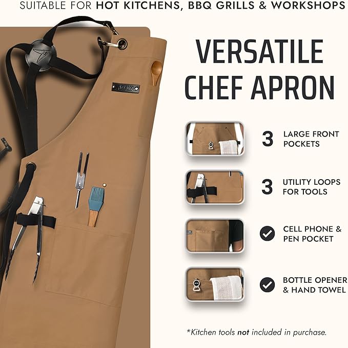 Asaya Chef and BBQ Apron with Bottle Opener and Hand Towel - 10oz Cotton Canvas, Stainless Steel Hardware - Cross Back Straps - Image 2