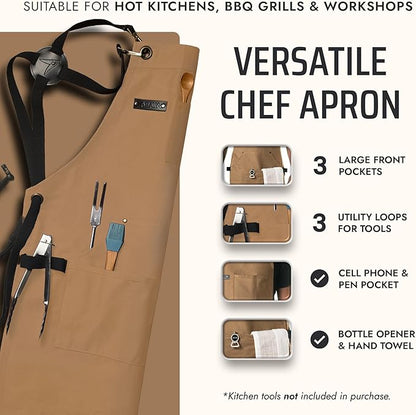 Asaya Chef and BBQ Apron with Bottle Opener and Hand Towel - 10oz Cotton Canvas, Stainless Steel Hardware - Cross Back Straps - Image 2