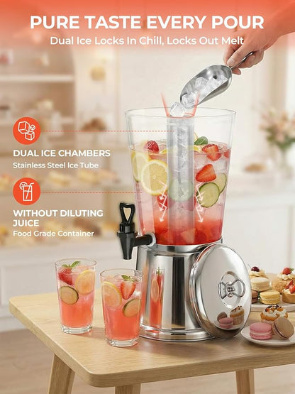 Beverage Dispenser With Stand, Stainless Steel Drink Dispenser for Parties, 2 Gallons drink dispenser with Ice Core & Spigot, Clear Acrylic Water Juice Jug for Home, Buffet, Weddings & Outdoor Events