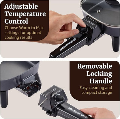 Elite Gourmet EFS059 Personal Electric Skillet, 7” Compact Portable Cooker, Adjustable Temperature, 600W Rapid Heating, Nonstick Surface, Tempered Glass Lid, Removable Handle, Black