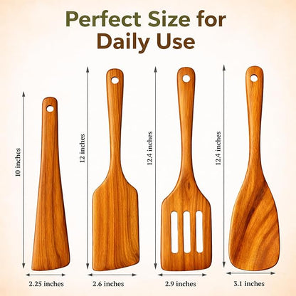 Wooden Kitchen Utensil Set, 4-Piece Teak Wood Cooking Utensils for Nonstick Cookware, Spatula, Slotted Turner and Scraper, Natural Wooden Tools for Everyday Cooking