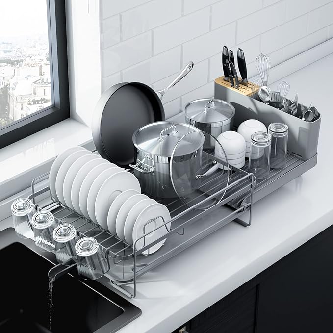 Kitsure Large Dish Drying Rack - Extendable Dish Rack, Multifunctional Dish Rack for Kitchen Counter, Anti-Rust Dish Drainers with Cutlery & Cup Holders 19.2"-26.7" L x 12.9" W, Grey by Kitsure