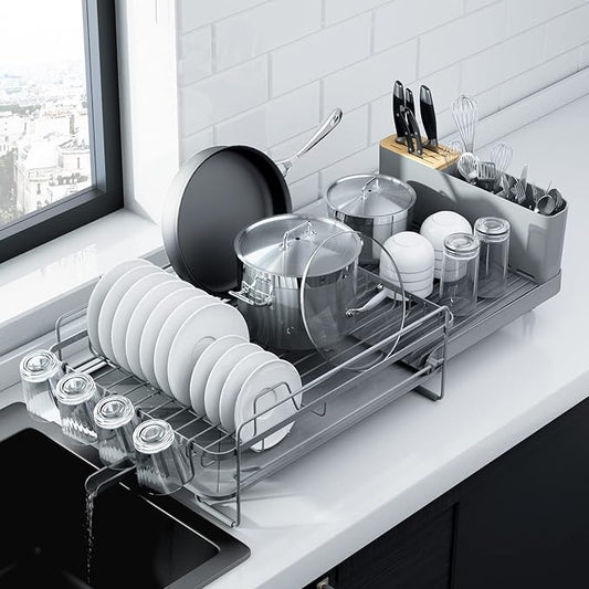 Kitsure Large Dish Drying Rack - Extendable Dish Rack, Multifunctional Dish Rack for Kitchen Counter, Anti-Rust Dish Drainers with Cutlery & Cup Holders 19.2"-26.7" L x 12.9" W, Grey by Kitsure