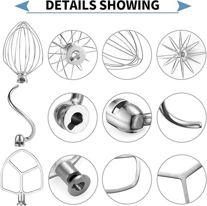 Stainless Steel 3 Piece kit Attachments，Dough Hook 6 Wire Whisk Flat Beater Compatible with KitchenAid 5 Plus -6QT Mixer，Bowl Lift Stand Mixer Accessory，Rust Resistant，Dishwasher Safe