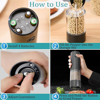 Electric Salt and Pepper Grinder Set, Automatic Salt Pepper Mill Grinder with Adjustable Coarseness, One-Button Control, Easy Filling Larger Capacity with Led Light for Home Kitchen Appliances (Black)