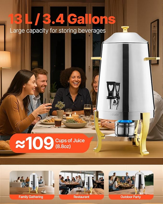 VEVOR Stainless Steel Beverage Dispenser, 3.4 Gallon Drink Dispenser with Alcohol Burner, Hot & Cold Drink Dispensers with Spigot for Coffee Tea Hot Water, Ideal for Restaurants, Hotels, Parties