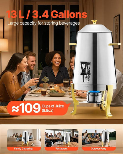 VEVOR Stainless Steel Beverage Dispenser, 3.4 Gallon Drink Dispenser with Alcohol Burner, Hot & Cold Drink Dispensers with Spigot for Coffee Tea Hot Water, Ideal for Restaurants, Hotels, Parties