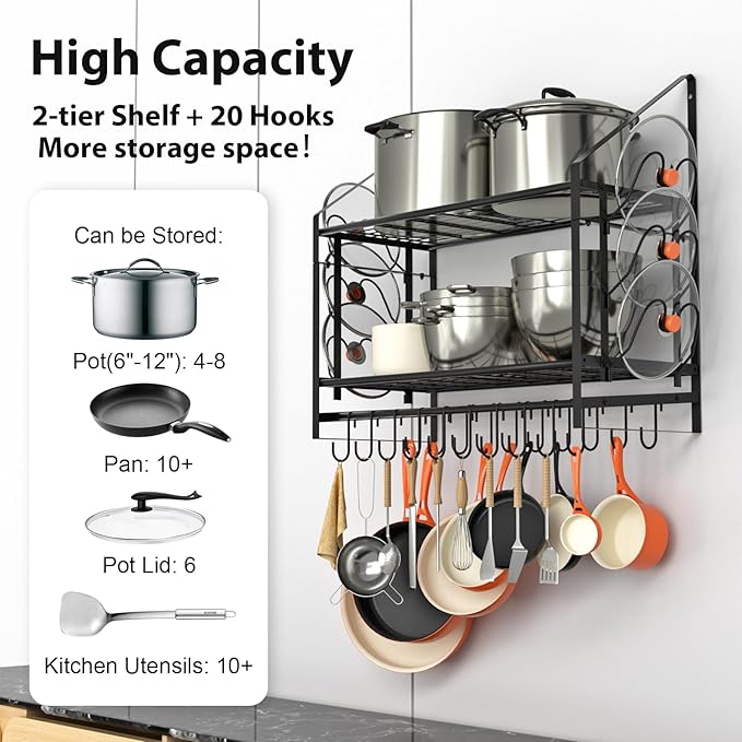 VyGrow 28 Inch Pot Rack Wall Mounted, 2 Tier Pots and Pans Organizer with 20 Hooks and 6 Pot Lid Holders, Heavy Duty Steel Pot and Pan Hanger for Kitchen Cookware Utensils Storage 34.7" Lx13 Wx26.4 H - Image 3