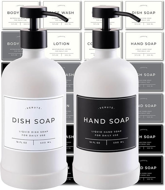 Hand and Dish Soap Dispenser for Kitchen and Bathroom, Set of 2 16 Oz Glass Bottles, Stainless Steel Pumps, Non-Slip Silicone Base, 27 Waterproof Labels (Matte White Bottle/Black Pump) by Verute
