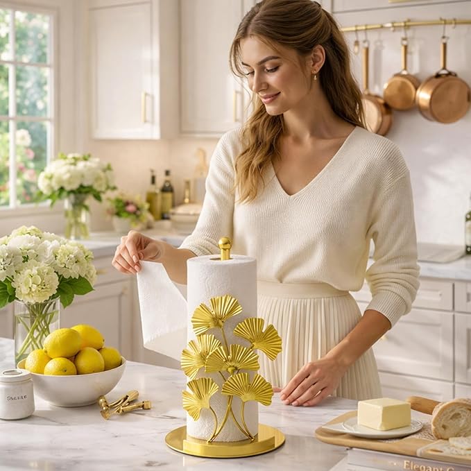 Vintage Gold Ginkgo Paper Towel Holder Countertop - Gold Kitchen Decor and Accessories, Luxury Housewarming Gifts for Women, 3D Ornate Leaf Textured, Retro Design Home Decor, Weighted Base & Felt Pad - Image 2