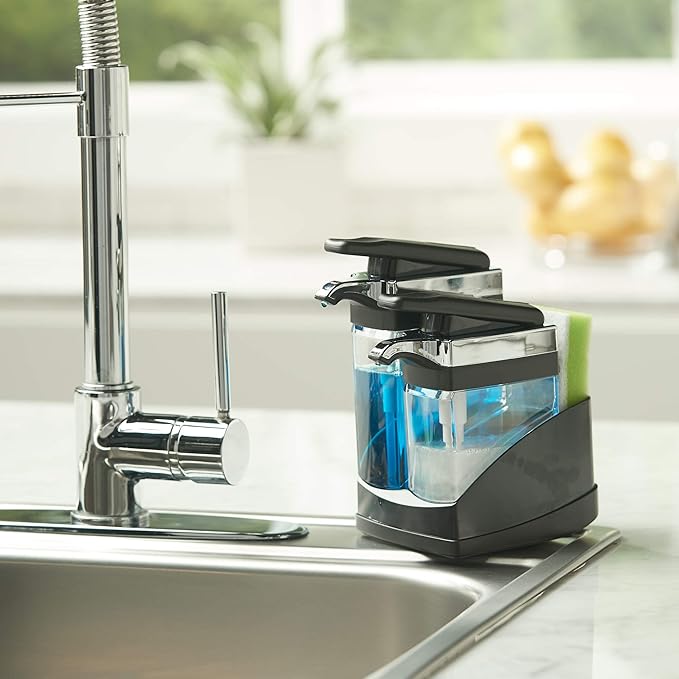 Casabella Sink Sider Duo Soap Dispensers with Sponge, Black and Chrome Plating - Image 8