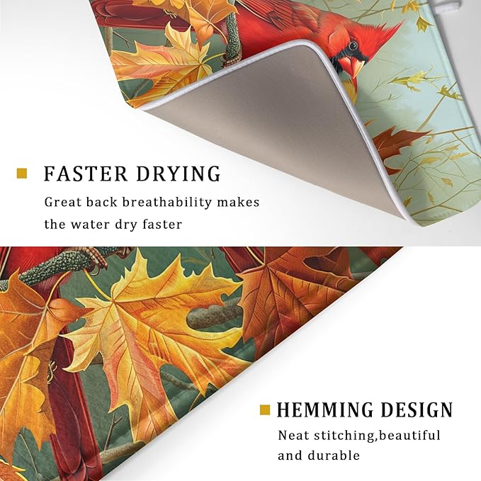 Giwawa Fall Birds Dish Drying Mat 18x24 Inch Autumn Maple Leaf Tree Dish Drainer Mats Thanksgiving Decorative Microfiber Reversible Dish Drying Rack Pad Large for Kitchen Countertop Tabletop