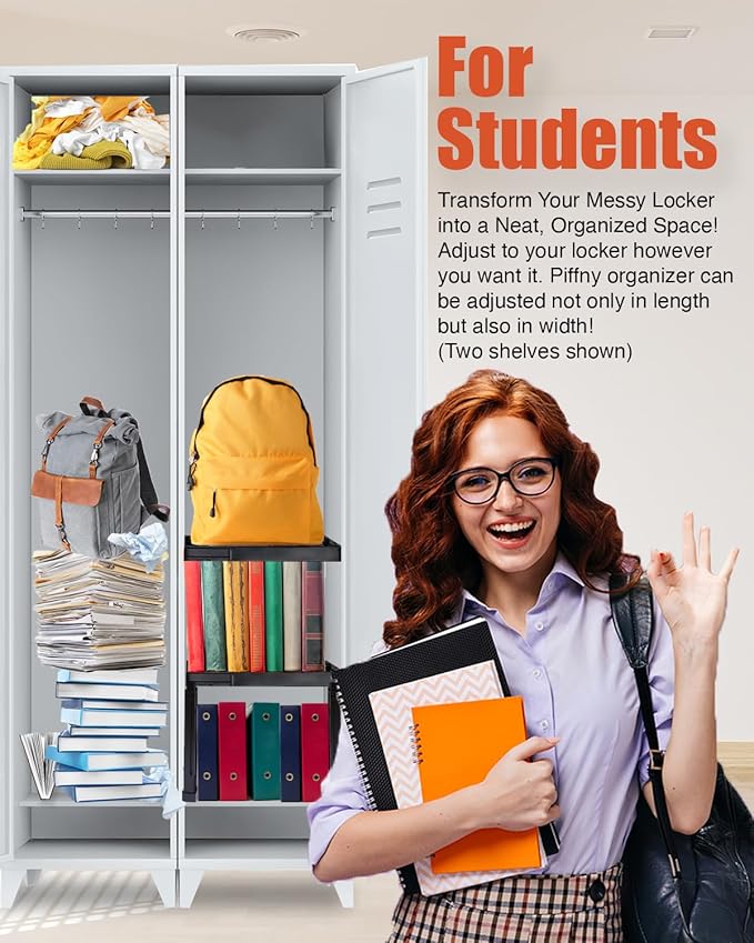 Piffny Locker Organizer Shelf， Adjustable Width and Height, Stackable, Ideal Locker Shelf for School, Office, Gym Lockers, or Even Kitchen Cabinets & Under Sink Organization (Black 1 Pack) - Image 4