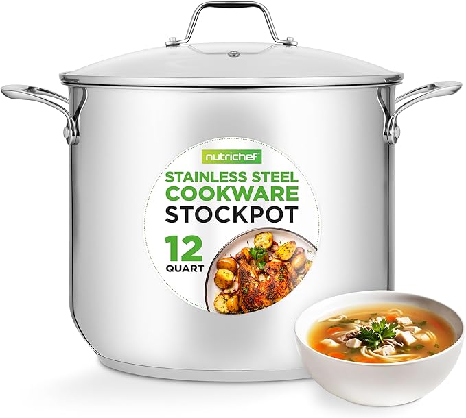NutriChef 12-Quart Stainless Steel Stockpot – 18/8 Food Grade Heavy-Duty Induction-Compatible Pot with See-Through Lid, Ideal for Stews, Broths, Simmering & Soups, Dishwasher Safe – NCSP12 by NutriChef%E2%84%A2Kitchen