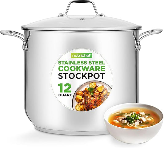 NutriChef 12-Quart Stainless Steel Stockpot – 18/8 Food Grade Heavy-Duty Induction-Compatible Pot with See-Through Lid, Ideal for Stews, Broths, Simmering & Soups, Dishwasher Safe – NCSP12 by NutriChef%E2%84%A2Kitchen