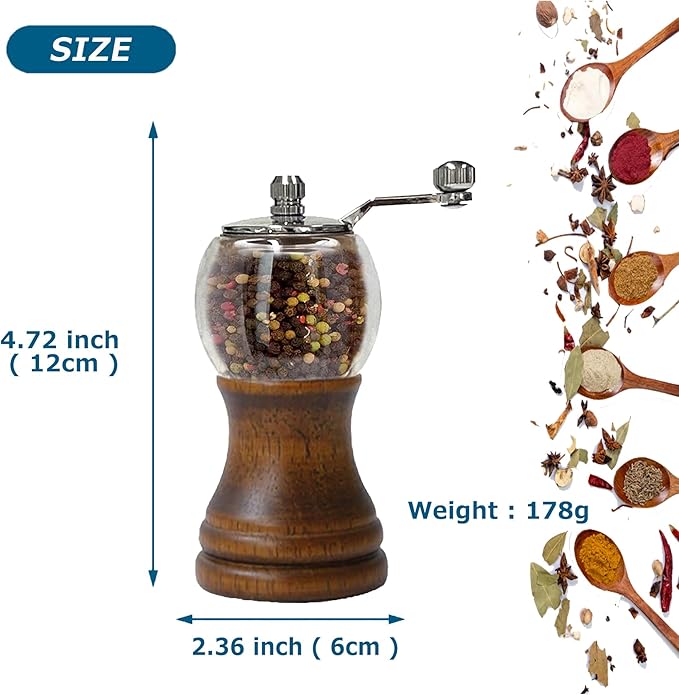 Salt and Pepper Grinder Set, Manual Pepper Grinder with Crank Handle, Adjustable Coarseness Pepper Grinder, Refillable for Sea Salt Black Pepper, Enjoy Fresh Ground Pepper Salts & Spices, Black-2-5in