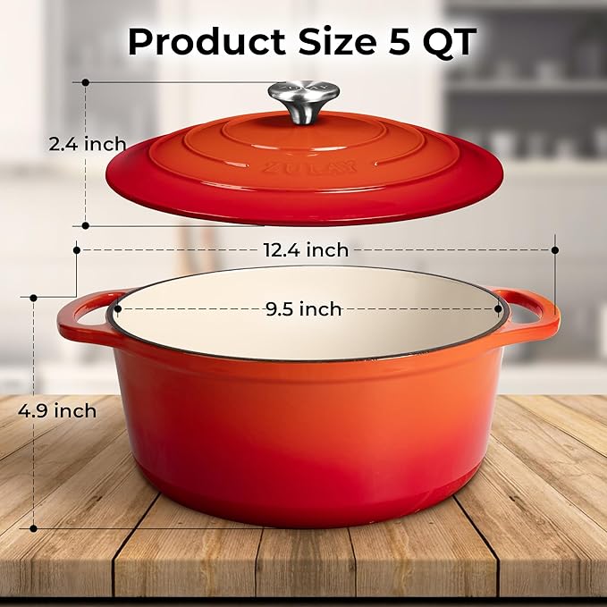 Zulay Kitchen 5 Quart Enameled Cast Iron Dutch Oven Pot with Lid – Premium Durability & Oven Safe up to 500°F – Heavy Duty Cookware Perfect for Bread Baking, Stews, Braising & Roasting – Orange - Image 8