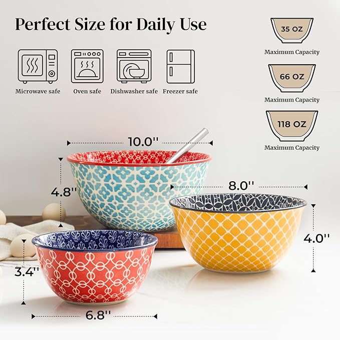 DOWAN Mixing Bowls, Ceramic Mixing Bowls for Kitchen, Colorful Vibrant Nesting Bowls for Cooking, Baking, Prepping, Serving, Salad, Housewarming Gift, Microwave Dishwasher Safe, 3.7/2/1 Qt, Set of 3 - Image 2