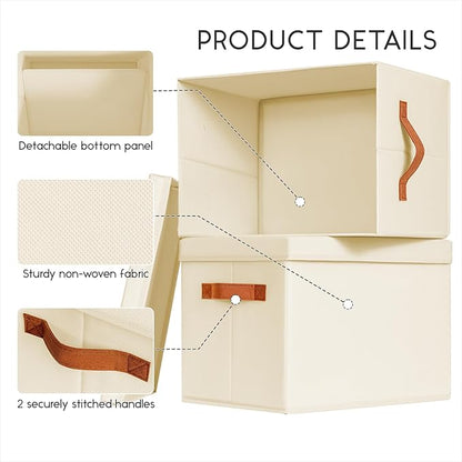 Homsorout Storage Bins with Lids - Fabric Storage Baskets for Shelves, 4 Pack Foldable Decorative Boxes with Handles, Stackable Organizer Bins for Home, Nursery, Dorm, Beige