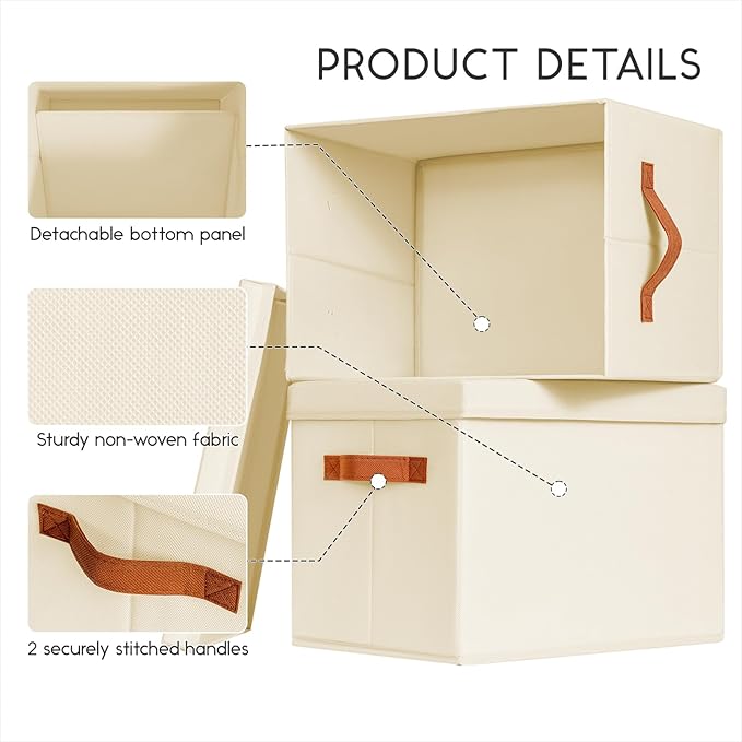 Homsorout Storage Bins with Lids - Fabric Storage Baskets for Shelves, 8 Pack Foldable Decorative Boxes with Handles, Stackable Organizer Bins for Home, Nursery, Dorm, Beige