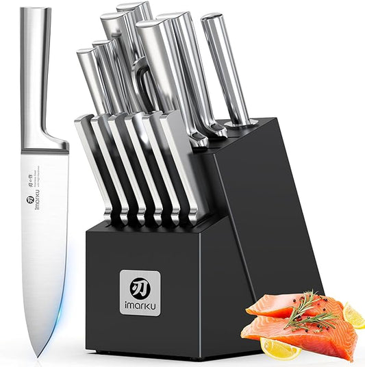 imarku 15-Piece Knife Block Set Built-in Sharpener, Japanese High Carbon Stainless Steel Kitchen Knife Set, Dishwasher Safe, Chef Knife Set with Wooden Knife Block, Steak Knives for Kitchen Cooking by imarku