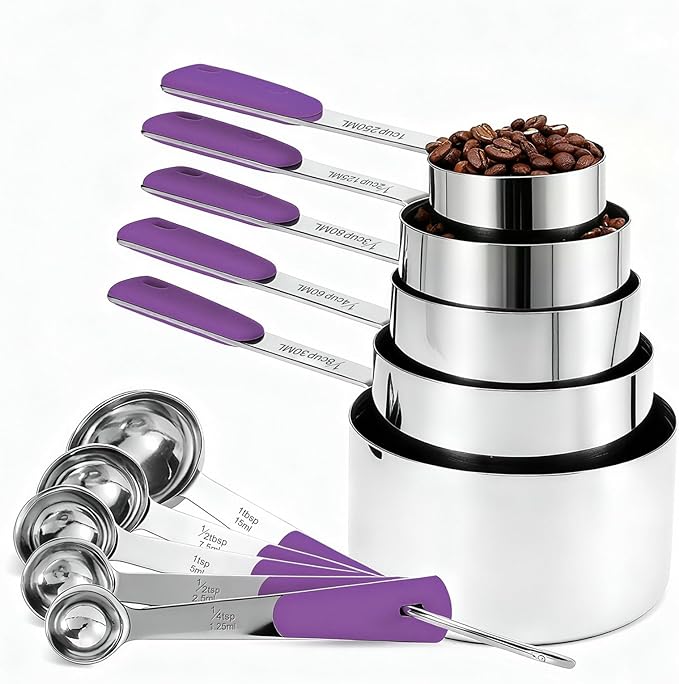 Bopei Measuring Cups and Spoons Set Stainless Steel 10 Piece for Cooking and Baking (5 Cups + 5 Spoons, Purple Handle) by Bopei