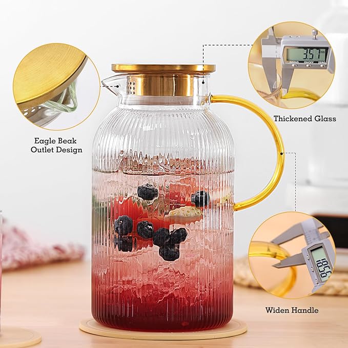 2 Pack Glass Pitchers with Lid and 2 Cups, 68oz/ 2 Liter Glass Water Pitcher with Handle and Lid for Fridge, Iced Tea, Coffee, Borosilicate Glass Carafe for Hot/Cold Brew Drink