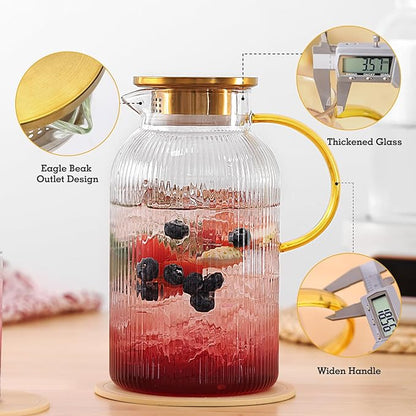 2 Pack Glass Pitchers with Lid and 2 Cups, 68oz/ 2 Liter Glass Water Pitcher with Handle and Lid for Fridge, Iced Tea, Coffee, Borosilicate Glass Carafe for Hot/Cold Brew Drink