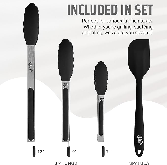 Kaluns Kitchen Tongs for Cooking Grilling Set of 4, BBQ Grill Tongs With Silicone Tip Stainless Steel Heat Resistant, Non-stick Pull Lock, Incl 7, 9, 12 Inch Tong Plus a Silicone Spatula - Image 2