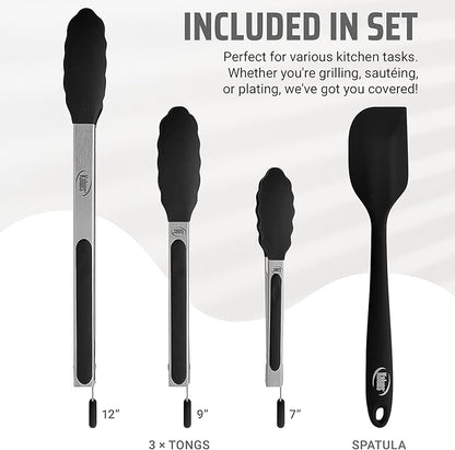 Kaluns Kitchen Tongs for Cooking Grilling Set of 4, BBQ Grill Tongs With Silicone Tip Stainless Steel Heat Resistant, Non-stick Pull Lock, Incl 7, 9, 12 Inch Tong Plus a Silicone Spatula - Image 2