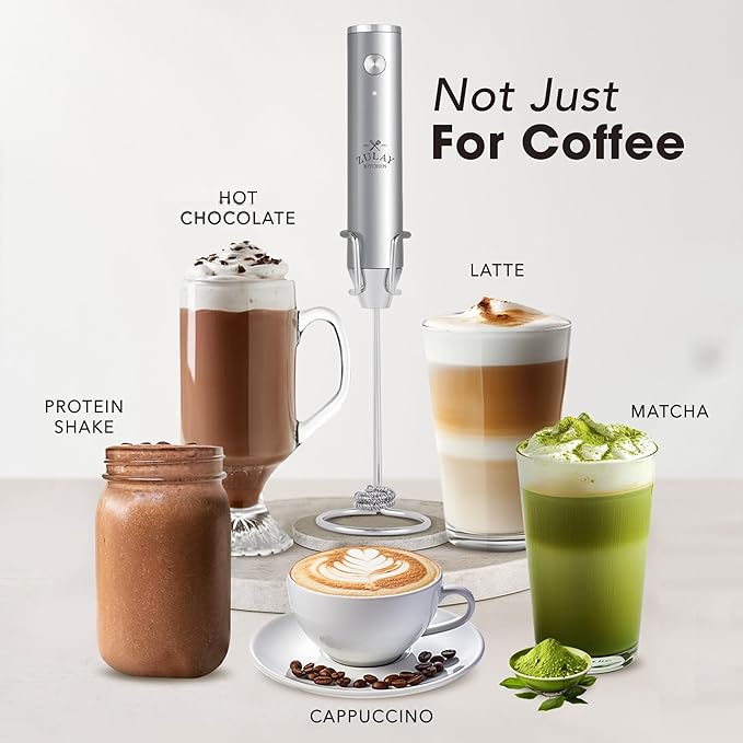 Zulay Kitchen Rechargeable Milk Frother Handheld - Lux 4 Whisks, Powerful 2-Speed Motor, Waterproof, 2000mAh Battery - Drink Mixer for Latte, Cappuccino, Matcha & Protein Powder - Silver - Image 3