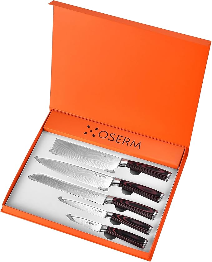 Knife Set | Gift-Ready 6-Piece (5+1) Japanese Style Kitchen Knife Set — Burgundy Gift Box with An Additional 8" Chef Knife — Ideal Christmas, Wedding & Household Gift