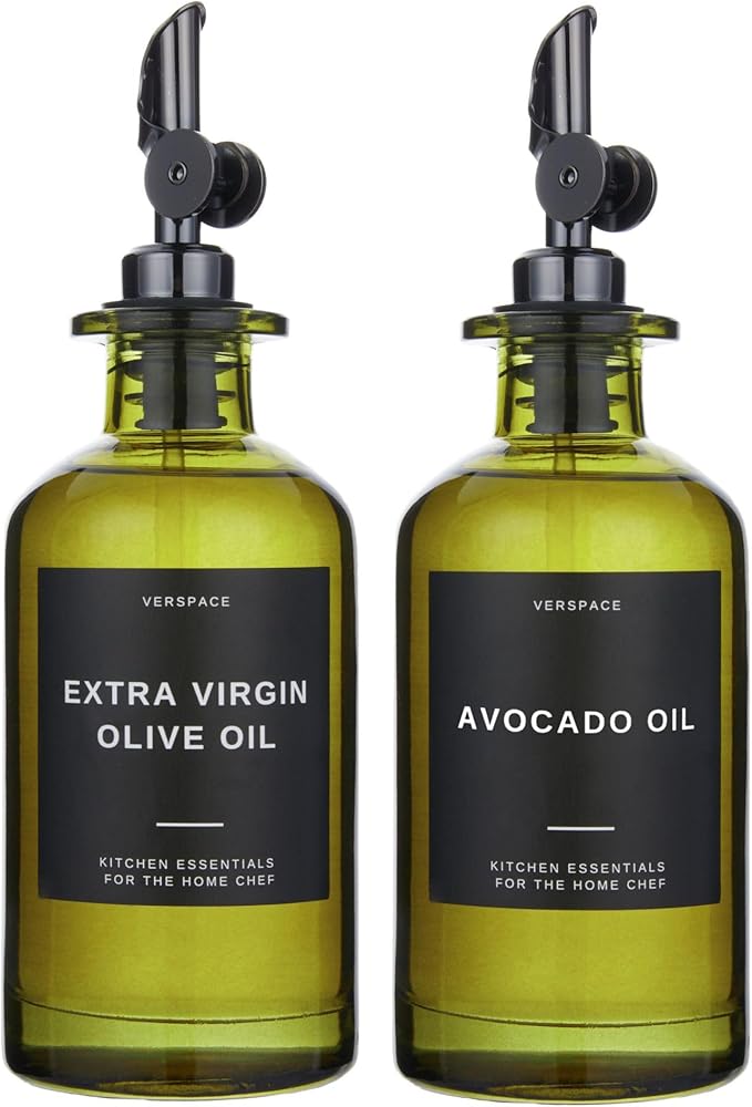 Verspace UV-Protected Green Glass Olive Oil Dispenser Bottles For Kitchen - 2 Pack - 12oz Includes 40 Kitchen Essential Labels, Avocado Oil Dispenser Set, Modern Decor for Home, Airbnb, Cafe by Verspace
