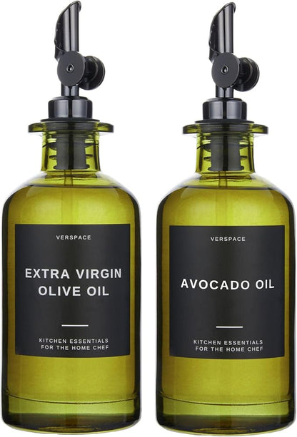 Verspace UV-Protected Green Glass Olive Oil Dispenser Bottles For Kitchen - 2 Pack - 12oz Includes 40 Kitchen Essential Labels, Avocado Oil Dispenser Set, Modern Decor for Home, Airbnb, Cafe by Verspace