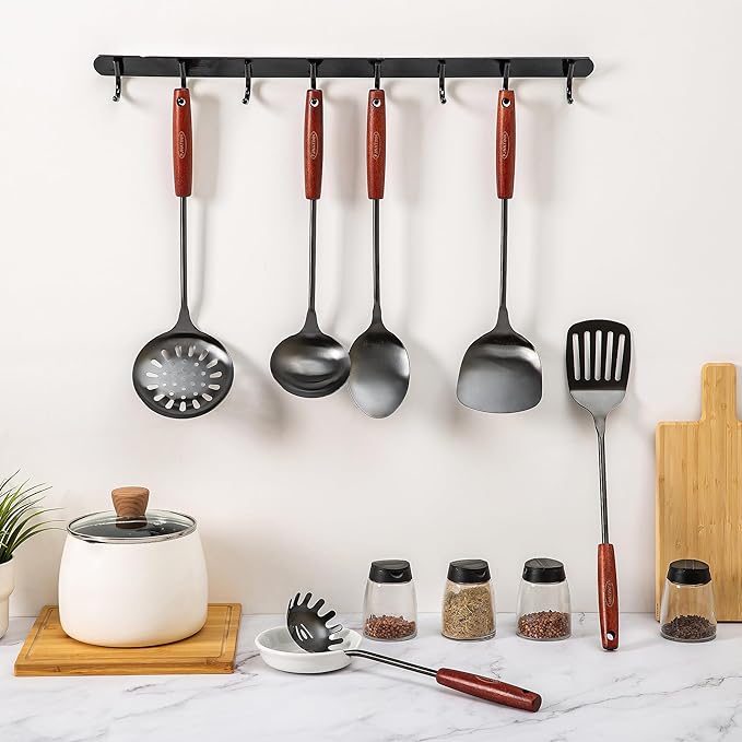 FJNATINH 304 Stainless Steel Kitchen Utensil Sets - 6 PCS Wok Spatula Sets Cooking Utensil Tools Spatula, Soup Ladle, Skimmer Spoon, Slotted Spatula Tunner, Spaghetti Spoon, Large Spoon - Image 4