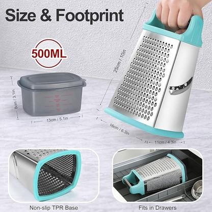Ourokhome Cheese Grater with Handle, Stainless Steel Box Grater, 4 Side Kitchen Vegetable Shredder Slicer Zester with Container for Parmesan, Cabbage, Ginger, Lemon, Chocolate, Coconut (Teal) - Image 3