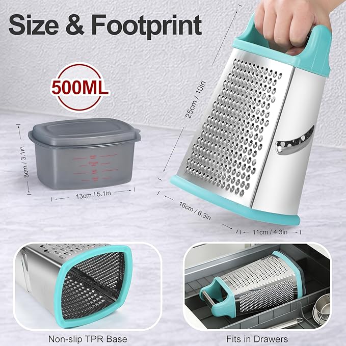 Ourokhome Cheese Grater with Handle, Stainless Steel Box Grater, 4 Side Kitchen Vegetable Shredder Slicer Zester with Container for Parmesan, Cabbage, Ginger, Lemon, Chocolate, Coconut (Teal black) - Image 3