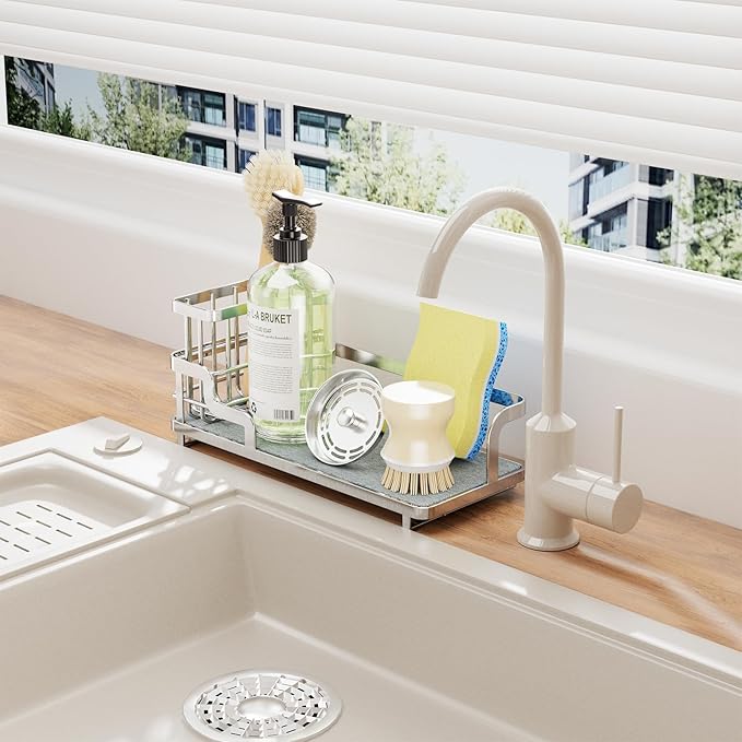 Consumest Sponge Holder for Kitchen Sink - Sink Caddy Organizer with Water Absorbing Stone Tray, Detachable Brush Holder, Stainless Steel Kitchen Counter Organizer Rack, Silver - Image 6