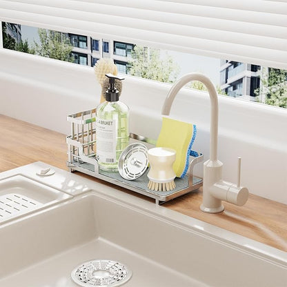 Consumest Sponge Holder for Kitchen Sink - Sink Caddy Organizer with Water Absorbing Stone Tray, Detachable Brush Holder, Stainless Steel Kitchen Counter Organizer Rack, Silver - Image 6