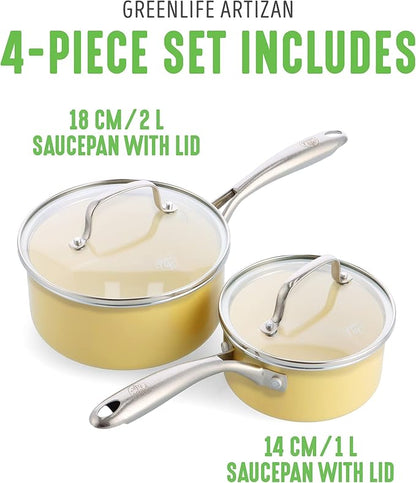 GreenLife Artisan Healthy Ceramic Nonstick, 1QT and 2QT Saucepan Pot Set with Lids, Stainless Steel Handle, Induction, PFAS-Free, Dishwasher Safe, Oven Safe, Yellow