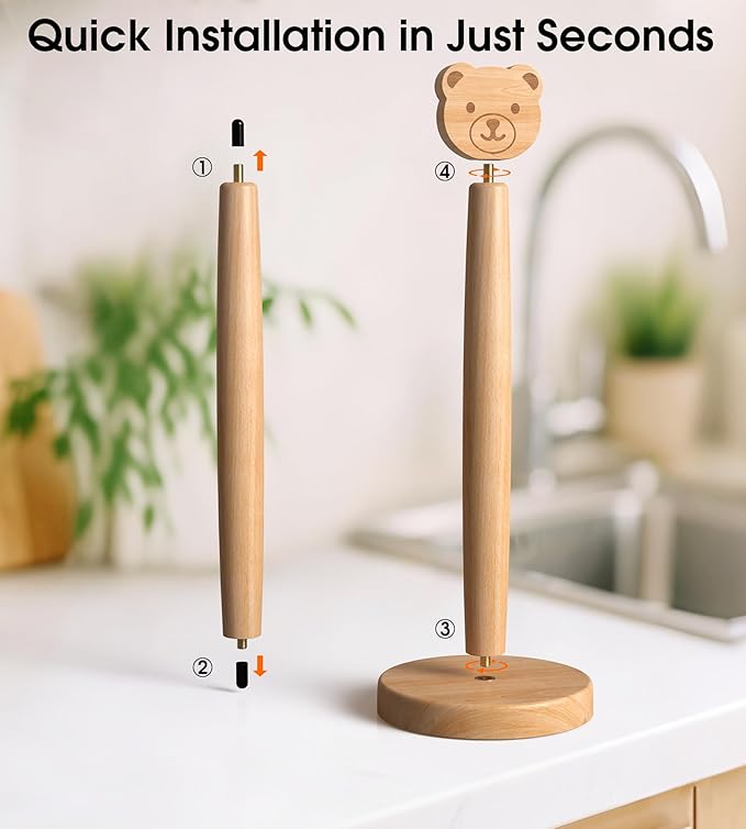 KitchLife Cute Wooden Paper Towel Holder Countertop - Solid Freestanding Paper Towel Dispenser Stand Organizer with Anti-Skid Base (Bear) - Image 5