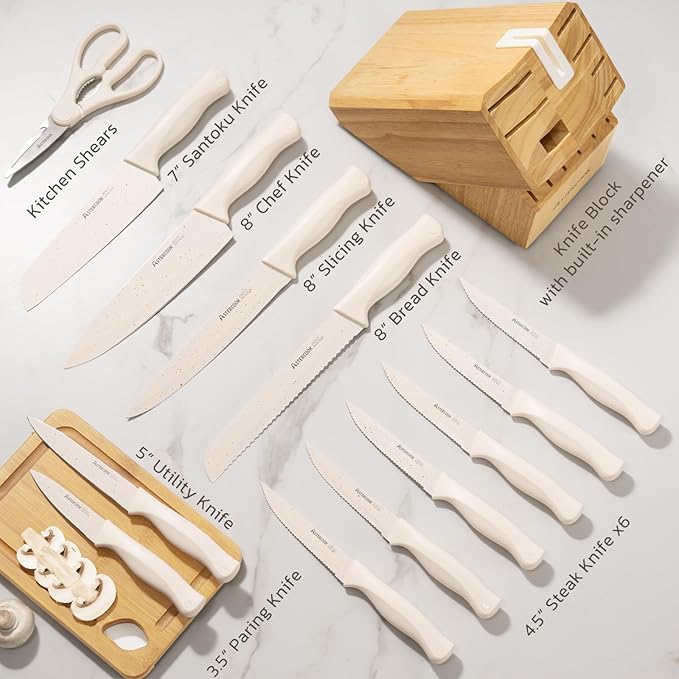 Astercook Knife Set, 15 Pieces Kitchen Knife Set with Sharpener Block, German Stainless Steel Knives Set with Anti-Rust Coating, Dishwasher Safe Elegant Cream White Knife Block Sets, Mothers Day Gifts - Image 3