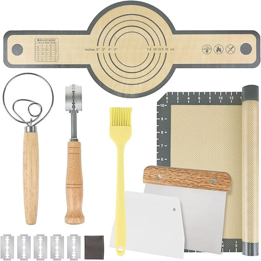 Bread Making Tools Set of 7, Including Silicone Pastry Mat, Round Baking Mat, Sourdough Danish Dough Whisk, Bread Lame Dough Scoring, Bread Scraper Dough Cutter, Perfect Gifts for Baker