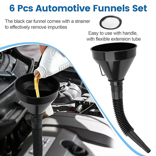 6 Pcs Automotive Funnels Set, Plastic Fuel Funnels with Hose, Wide Mouth Flexible Oil Funnels for Automotive Use Filling Water/Gasoline/Coolant/Engine Oil
