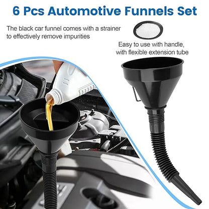 6 Pcs Automotive Funnels Set, Plastic Fuel Funnels with Hose, Wide Mouth Flexible Oil Funnels for Automotive Use Filling Water/Gasoline/Coolant/Engine Oil